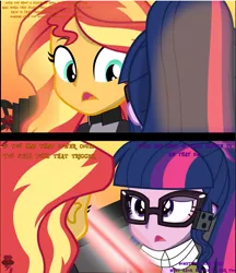 Size: 2287x2644 | Tagged: safe, artist:jcpreactyt, derpibooru import, sci-twi, sunset shimmer, twilight sparkle, equestria girls, blue eyes, clothes, female, glasses, hair, image, jacket, lesbian, light, png, ponytail, purple eyes, scarf, scitwishimmer, shipping, sunsetsparkle