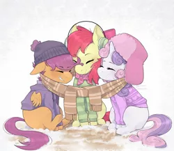 Size: 1980x1716 | Tagged: safe, artist:arisoliwa, derpibooru import, apple bloom, scootaloo, sweetie belle, earth pony, pegasus, pony, unicorn, blank flank, clothes, cute, cutie mark crusaders, earmuffs, eyes closed, female, filly, floppy ears, hat, image, jpeg, scarf, shared clothing, shared scarf, sweater, trio