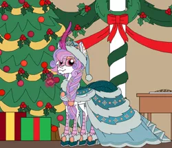 Size: 1024x881 | Tagged: safe, artist:rosefang16, derpibooru import, kirin oc, oc, oc:prince pearlescent moonstone, unofficial characters only, kirin, christmas, christmas tree, clothes, crossdressing, dress, holiday, holly, image, jpeg, male, tree, wreath