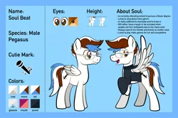 Size: 1920x1275 | Tagged: safe, artist:alexdti, derpibooru import, oc, oc:soul beat, unofficial characters only, pegasus, pony, brown eyes, clothes, folded wings, full body, glasses, image, lidded eyes, looking back, male, multicolored mane, multicolored tail, open mouth, open smile, pegasus oc, png, raised hoof, reference sheet, smiling, solo, spread wings, stallion, standing, tail, wings