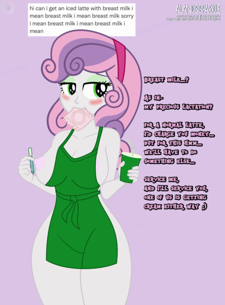 Size: 5970x8073 | Tagged: questionable, artist:alandssparkle, artist:apony4u, derpibooru import, edit, editor:xkiosikx, sweetie belle, equestria girls, absurd resolution, apron, areola, areola slip, big breasts, breast edit, breasts, busty sweetie belle, cleavage, clothes, condom, condom in mouth, confused, dialogue, female, gradient background, huge breasts, iced latte with breast milk, image, meme, mouth hold, naked apron, nipple slip, nipples, nudity, partial nudity, png, signature, simple background, solo, solo female, text, thick, wardrobe malfunction, wide hips