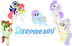 Size: 4096x2605 | Tagged: safe, artist:sjart117, derpibooru import, oc, oc:crocus armoura, oc:miles bright, oc:pillowsoft, oc:tropical feathertang, oc:vanilla le café, oc:watermelana, unofficial characters only, earth pony, pegasus, pony, derpibooru, derpibooru community collaboration, 2022 community collab, banner, clothes, female, flying, freckles, glasses, gradient hooves, hoof hold, image, logo, male, mare, meta, png, ponies riding ponies, riding, simple background, stallion, transparent background