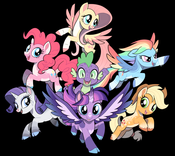 Size: 3693x3277 | Tagged: safe, artist:venommocity, derpibooru import, applejack, fluttershy, pinkie pie, rainbow dash, rarity, spike, twilight sparkle, twilight sparkle (alicorn), alicorn, pony, alternate design, black background, cloven hooves, image, mane seven, mane six, png, simple background, twitterina design