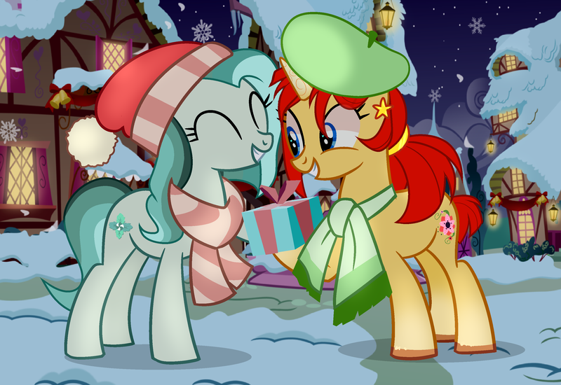 Size: 2908x2000 | Tagged: safe, alternate version, artist:ashakalovsky, artist:idkhesoff, derpibooru import, oc, oc:iris sparkler, oc:spring mint, unofficial characters only, earth pony, pony, unicorn, base used, beret, christmas, clothes, cute, duo, ear piercing, earring, eyes closed, female, grin, hat, holiday, image, jewelry, mare, markings, multicolored hair, night, piercing, png, present, raised hoof, santa hat, scarf, smiling, snow, snowflake, unshorn fetlocks