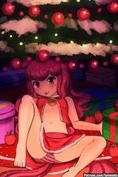 Size: 1280x1920 | Tagged: suggestive, artist:lumineko, banned from derpibooru, ponybooru import, apple bloom, human, adorabloom, apple, bell, belly button, blushing, christmas, christmas tree, clothes, cute, eared humanization, female, food, holiday, humanized, image, jpeg, lolicon, looking at you, panties, present, solo, spread legs, spreading, tail, tailed humanization, tongue out, tree, underage, underwear