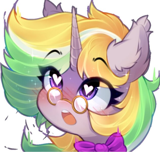 Size: 806x765 | Tagged: safe, artist:astralblues, derpibooru import, oc, unofficial characters only, pony, unicorn, blushing, bowtie, heart, heart eyes, image, jpeg, open mouth, solo, sparkles, wide eyes, wingding eyes