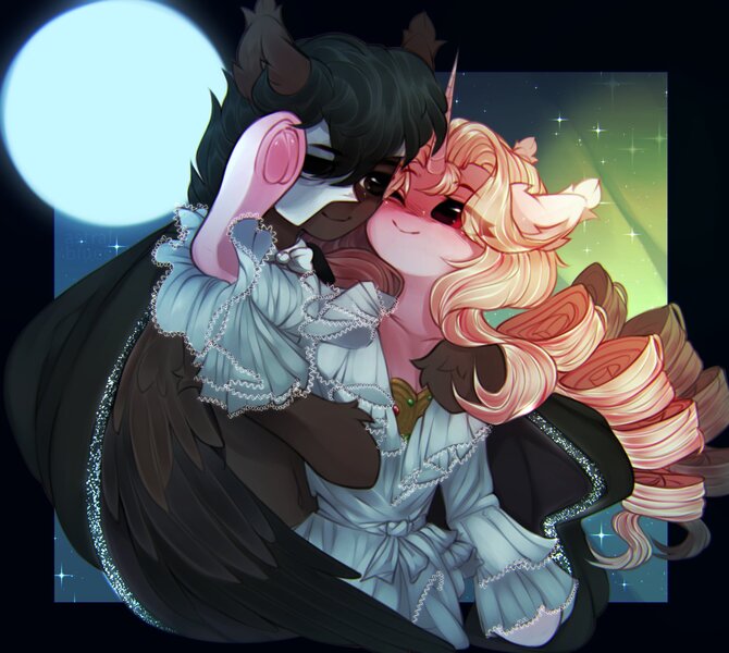 Size: 1848x1656 | Tagged: safe, artist:astralblues, derpibooru import, oc, unofficial characters only, pegasus, semi-anthro, unicorn, clothes, dress, full moon, hug, image, jpeg, mask, moon, one eye closed, phantom of the opera, smiling, solo, sparkles