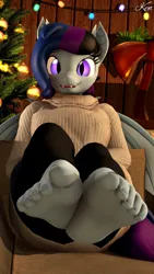 Size: 2160x3840 | Tagged: suggestive, artist:kenaga, derpibooru import, oc, oc:maple cake, anthro, bat pony, plantigrade anthro, 3d, barefoot, bat ears, bat eyes, bat pony oc, bat wings, christmas, christmas tree, clothes, couch, curled toes, fangs, feet, foot focus, holiday, image, jpeg, pants, purple eyes, soles, solo, string lights, sweater, toes, tree, wings