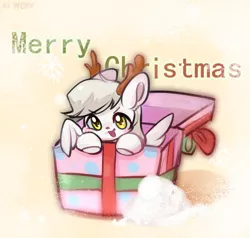 Size: 1200x1140 | Tagged: safe, artist:xi wen, derpibooru import, oc, oc:concentric rings, pegasus, pony, >:3, antlers, blushing, box, christmas, holiday, image, png, pony in a box, present, snow