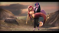 Size: 9600x5400 | Tagged: suggestive, artist:imafutureguitarhero, derpibooru import, sci-twi, sunset shimmer, twilight sparkle, twilight sparkle (alicorn), alicorn, anthro, classical unicorn, mermaid, unguligrade anthro, unicorn, :i, absurd resolution, black bars, cargo pants, carrying, censored, censored breasts, censored nudity, cheek fluff, chest fluff, chromatic aberration, claws, clothes, cloud, cloudy, cloven hooves, colored eyebrows, colored eyelashes, dark clouds, dialogue, duo, ear fluff, female, film grain, fish tail, fluffy, freckles, fur, gritted teeth, holding, horn, image, jacket, jpeg, leather jacket, leonine tail, lesbian, long hair, long mane, mermaid tail, mermaidized, mosaic censor, multicolored hair, multicolored mane, multicolored tail, nose wrinkle, outdoors, pants, peppered bacon, revamped anthros, revamped ponies, rock, scitwilicorn, scitwishimmer, shipping, signature, sky, species swap, subtitles, sunsetsparkle, tail, text, unamused, unshorn fetlocks, wall of tags, wet, wet clothes, wings