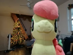 Size: 4000x3000 | Tagged: safe, alternate version, artist:topsangtheman, derpibooru import, peachy sweet, earth pony, pony, apple family member, christmas, christmas tree, holiday, image, irl, jpeg, looking at you, photo, plushie, solo, tree