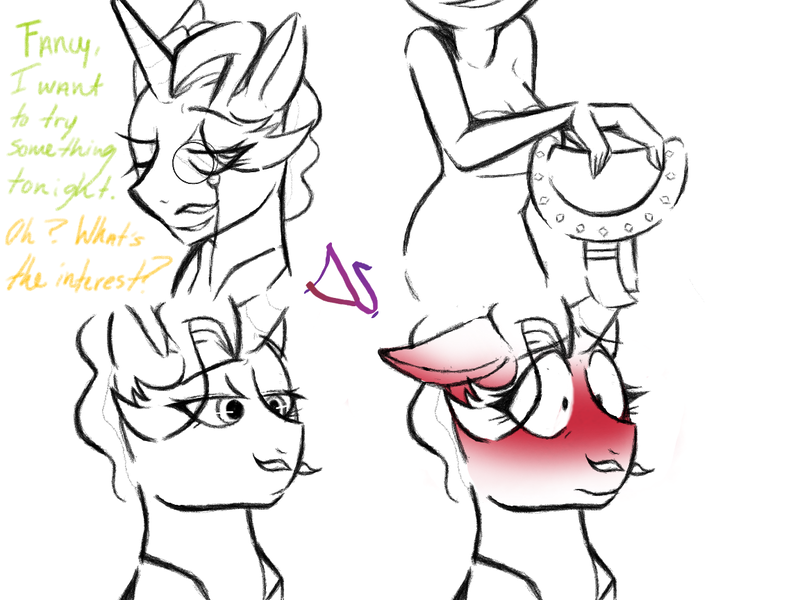 Size: 1152x864 | Tagged: safe, artist:dsstoner, derpibooru import, fancypants, oc, oc:anon, oc:femanon, human, pony, unicorn, blushing, blushing profusely, comic, ear blush, image, interspecies, male, png, saddle, shocked, shocked expression, stallion, tack, text