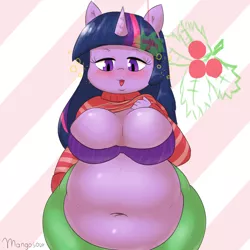 Size: 3000x3000 | Tagged: suggestive, artist:mangosour, derpibooru import, part of a set, twilight sparkle, anthro, unicorn, abstract background, belly, belly button, big belly, big breasts, blushing, bra, breasts, busty twilight sparkle, cleavage, clothes, exposed belly, exposing, fat, high res, holly, holly mistaken for mistletoe, image, looking at you, pants, part of a series, png, smiling, smiling at you, sweater, underwear, unicorn twilight, weight gain, weight gain sequence, wide hips