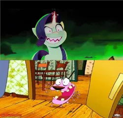 Size: 1280x1230 | Tagged: safe, derpibooru import, rarity, dog, pony, unicorn, big eyes, boomerang (tv channel), cartoon network, courage the cowardly dog, evil, evil rarity, female, image, male, mare, open mouth, panicking, png, scared, scary, teeth