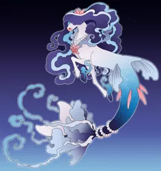 Size: 3109x3300 | Tagged: safe, artist:turnipstewdios, derpibooru import, oc, unofficial characters only, hybrid, merpony, seapony (g4), blue background, commission, curly hair, female, fins, fish tail, flowing mane, flowing tail, fusion, image, jewelry, necklace, pearl necklace, png, purple mane, simple background, solo, tail