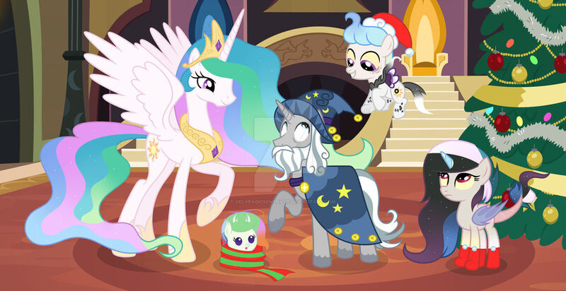 Size: 1024x527 | Tagged: safe, artist:velveagicsentryyt, derpibooru import, princess celestia, star swirl the bearded, oc, oc:asterism, oc:flosun pollen, oc:mysterilestia, changepony, hybrid, pony, christmas, christmas tree, hat, holiday, image, interspecies offspring, jpeg, offspring, parent:discord, parent:princess celestia, parent:thorax, parents:dislestia, parents:thoralestia, santa hat, tree