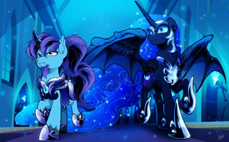Size: 4000x2480 | Tagged: safe, alternate version, artist:dormin-dim, derpibooru import, nightmare moon, oc, oc:azure night, alicorn, pony, unicorn, alternate character, armor, commission, duo, ethereal mane, fangs, female, image, male, mare, night guard, png, royal guard, stallion, ych result