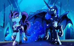 Size: 4000x2480 | Tagged: safe, alternate version, artist:dormin-dim, derpibooru import, nightmare moon, oc, oc:azure night, alicorn, pony, unicorn, alternate character, armor, commission, duo, ethereal mane, fangs, female, image, male, mare, night guard, png, royal guard, stallion, ych result