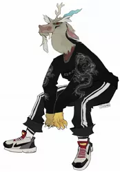 Size: 1423x2048 | Tagged: safe, artist:catatau_6, artist:isaharu6, derpibooru import, discord, anthro, clothes, image, jpeg, male, nike (brand), pants, shoes, simple background, sneakers, socks, solo, sweatshirt, white background