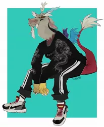 Size: 1685x2048 | Tagged: safe, alternate version, artist:catatau_6, artist:isaharu, artist:isaharu6, derpibooru import, discord, anthro, clothes, image, jpeg, male, nike (brand), pants, shoes, sneakers, socks, solo, sweatshirt