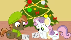 Size: 1280x720 | Tagged: safe, artist:mlplary6, derpibooru import, button mash, sweetie belle, earth pony, pony, unicorn, christmas, christmas card, colt, female, filly, hoilday, holiday, image, male, png, shipping, straight, sweetiemash