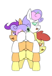 Size: 1000x1443 | Tagged: suggestive, artist:happy harvey, derpibooru import, apple bloom, scootaloo, sweetie belle, earth pony, pegasus, pony, unicorn, bloom butt, blushing, booty mark crusaders, butt, colored pupils, cutie mark crusaders, dock, drawn on phone, female, filly, foalcon, image, lesbian, levitation, looking at you, looking back, magic, mistletoe, open mouth, png, polyamory, pony pile, pony stacking, raised tail, scootabelle, scootabloom, scootabutt, shipping, smiling, stack, sweetie butt, sweetiebloom, sweetiebloomaloo, tail, telekinesis, tower of pony, underage