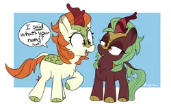 Size: 2796x1700 | Tagged: safe, artist:icey, derpibooru import, autumn blaze, cinder glow, summer flare, kirin, chest fluff, cloven hooves, cute, cute little fangs, dialogue, eyelashes, fangs, female, females only, image, looking at each other, looking at someone, open mouth, png, quadrupedal, simple background, standing, tail, talking, text, younger