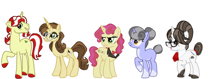 Size: 1024x384 | Tagged: safe, artist:russmindjk, derpibooru import, flim, raven, oc, oc:azure inkwell, oc:scrollwitt, oc:tattered parchment, earth pony, unicorn, children, family, image, jpeg, older, parent:flim, parent:raven