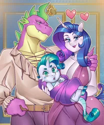 Size: 2500x3000 | Tagged: safe, artist:nauth, derpibooru import, rarity, spike, oc, anthro, dracony, dragon, hybrid, big breasts, breasts, busty rarity, celestia's dragon breeding program, daughter, female, holding a baby, image, interspecies offspring, jpeg, male, milf, offspring, parent:rarity, parent:spike, parents:sparity, shipping, sparity, straight, wholesome