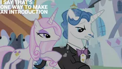 Size: 1280x720 | Tagged: safe, derpibooru import, edit, edited screencap, editor:quoterific, screencap, fancypants, fleur-de-lis, pony, unicorn, season 2, sweet and elite, female, image, jpeg, male, mare, open mouth, stallion