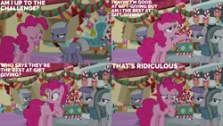 Size: 1280x720 | Tagged: safe, derpibooru import, edit, edited screencap, editor:quoterific, screencap, limestone pie, marble pie, maud pie, pinkie pie, earth pony, pony, best gift ever, candy, candy cane, eyes closed, female, food, image, mare, open mouth, pie sisters, png, siblings, sisters, sugarcube corner