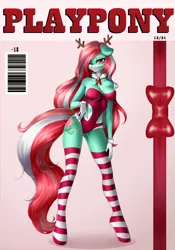 Size: 2064x2944 | Tagged: suggestive, artist:yutakira92, derpibooru import, oc, oc:ivy rose, unofficial characters only, anthro, earth pony, big breasts, breasts, christmas, clothes, female, holiday, image, long mane, long tail, looking at you, magazine, playboy, playpony, png, sexy, smiling, socks, solo, stockings, tail, thigh highs