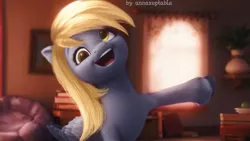 Size: 1000x563 | Tagged: safe, artist:annaxeptable, derpibooru import, edit, edited screencap, screencap, derpy hooves, pegasus, pony, female, folded wings, g4 to g5, g5, g5 movie accurate, image, indoors, mare, open mouth, open smile, png, smiling, solo, style emulation, ta-da!, unshorn fetlocks, wings