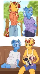Size: 2090x3870 | Tagged: safe, artist:rainydayjitters, derpibooru import, sunset shimmer, trixie, oc, anthro, unguligrade anthro, unicorn, breasts, busty trixie, clothes, couch, female, females only, horn, image, jeans, lesbian, looking at each other, looking at someone, magical lesbian spawn, offspring, pants, parent:sunset shimmer, parent:twilight sparkle, parents:sunsetsparkle, png, pregnant, shipping, sitting, standing, suntrix, sweater, tail, tanktop