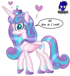 Size: 3840x4154 | Tagged: safe, artist:damlanil, derpibooru import, princess flurry heart, alicorn, pony, blushing, comic, crown, cute, female, floating heart, flurrybetes, happy, heart, hoof shoes, horn, image, jewelry, looking at you, mare, necklace, older, older flurry heart, png, regalia, shine, shiny mane, show accurate, simple background, smiling, solo, talking to viewer, text, transparent background, vector, wings