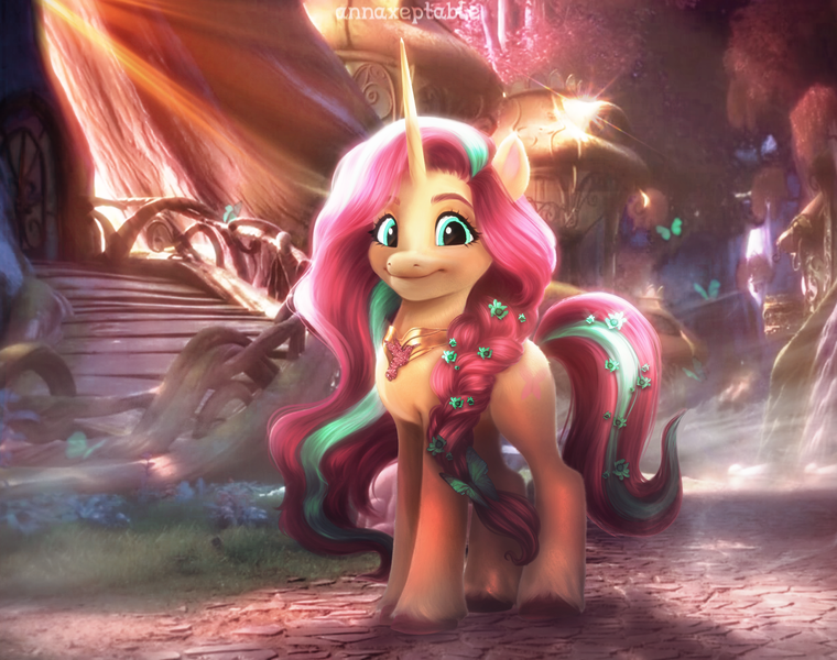 Size: 1550x1224 | Tagged: safe, artist:annaxeptable, derpibooru import, fluttershy, pony, unicorn, commission, female, flower, flower in hair, fluttershy (g5 concept leak), g4 to g5, g5, g5 concept leaks, image, looking at you, mare, png, rapunzel, solo, style emulation, two toned mane, unicorn fluttershy, unshorn fetlocks