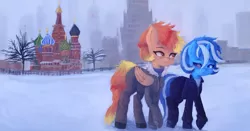 Size: 2148x1125 | Tagged: safe, artist:menalia, derpibooru import, oc, oc:freezy coldres, oc:shiny flames, unofficial characters only, pony, unicorn, city, clothes, female, gloves, horn, image, jacket, lesbian, looking at each other, looking at someone, mare, moscow, pants, png, russia, shirt, shoes, smiling, snow, sweater, tree, wings, winter