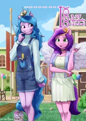 Size: 2480x3508 | Tagged: safe, alternate version, artist:pwnagespartan, derpibooru import, izzy moonbow, pipp, pipp petals, anthro, pegasus, unicorn, g5, my little pony: a new generation, balloon, choker, clothes, cloud, compass, cute, dialogue, dress, duo, duo female, female, hammer, height supremacy, high res, horn, horn impalement, image, izzy impaling things, izzy is tol, jpeg, larger female, marelet, overalls, paint, paint can, pipp is short, screwdriver, size difference, skirt, smaller female, smol, thought bubble, tools, winged humanization, wings