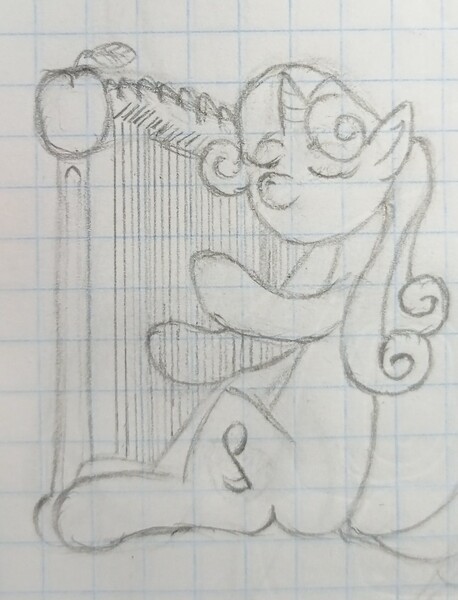 Size: 1293x1694 | Tagged: safe, artist:kanw, derpibooru import, sweetie belle, pony, unicorn, apple, cute, diasweetes, food, graph paper, harp, image, jpeg, monochrome, musical instrument, older, older sweetie belle, photo, playing instrument, solo, strings, traditional art, wrong cutie mark