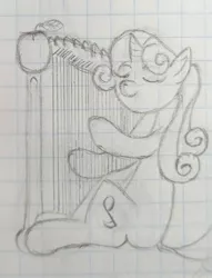 Size: 1293x1694 | Tagged: safe, artist:kanw, derpibooru import, sweetie belle, pony, unicorn, apple, cute, diasweetes, food, graph paper, harp, image, jpeg, monochrome, musical instrument, older, older sweetie belle, photo, playing instrument, solo, strings, traditional art, wrong cutie mark