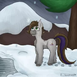 Size: 2048x2048 | Tagged: safe, artist:lil_vampirecj, derpibooru import, oc, oc:cj vampire, earth pony, pony, art, brown mane, cutie mark, dock, full body, green eyes, high res, hill, ice, image, looking up, pine tree, png, snow, snowfall, snowflake, solo, tail, tree, two toned tail, unshorn fetlocks, winter