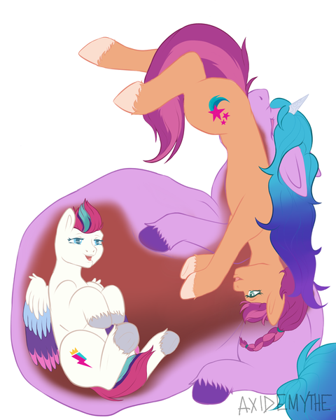 Size: 2800x3500 | Tagged: questionable, artist:axidemythe, derpibooru import, izzy moonbow, sunny starscout, zipp storm, earth pony, pegasus, pony, unicorn, spoiler:g5, belly, big belly, commission, endosoma, eyes closed, female pred, female predator, fetish, g5, huge belly, image, impossibly large belly, mare pred, mare predator, non-fatal vore, oral vore, png, same size vore, sketch, soft vore, vore, willing prey, willing vore, ych result