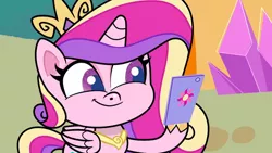 Size: 1920x1080 | Tagged: safe, derpibooru import, screencap, princess cadance, alicorn, pony, my little pony: pony life, spoiler:pony life s02e17, grin, image, mobile phone, phone, png, smiling, smiling at something, solo, what goes updo