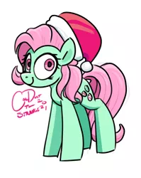 Size: 500x628 | Tagged: safe, artist:coaldustthestrange, minty, earth pony, pony, 2021, christmas, female, green coat, hat, holiday, image, mare, pink eyes, pink mane, png, santa hat, signature, simple background, solo