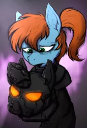 Size: 750x1094 | Tagged: safe, artist:tatykin, derpibooru import, oc, oc:morning star, pegasus, pony, fallout equestria, armor, enclave, female, grand pegasus enclave, hoof hold, image, jpeg, mare, ponytail, power armor, solo, x-01 power armor