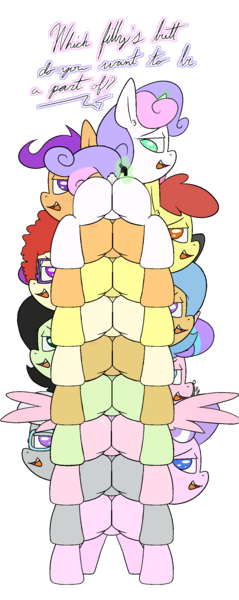 Size: 1050x2636 | Tagged: suggestive, alternate version, artist:happy harvey, derpibooru import, apple bloom, diamond tiara, princess flurry heart, scootaloo, silver spoon, sweetie belle, twist, oc, oc:anon, oc:anonfilly, oc:little league, earth pony, pegasus, pony, unicorn, bloom butt, blushing, booty mark crusaders, butt, colored pupils, cutie mark crusaders, dialogue, dock, drawn on phone, featureless crotch, female, filly, foalcon, image, imminent vore, jewelry, levitation, looking at you, looking back, looking back at you, macro, magic, micro, open mouth, png, pony pile, pony stacking, raised tail, scootabutt, shipping, smiling, spread wings, stack, sweetie butt, tail, telekinesis, this will end in vore, tiara, tower of pony, underage, wings