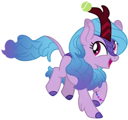 Size: 1024x963 | Tagged: safe, artist:emeraldblast63, derpibooru import, izzy moonbow, kirin, ball, bracelet, g5, horn, horn impalement, hornball, image, izzy's tennis ball, jewelry, kirinified, open mouth, open smile, png, smiling, species swap, tennis ball