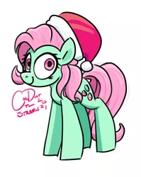 Size: 1280x1608 | Tagged: safe, artist:coaldustthestrange, derpibooru import, minty, earth pony, pony, 2021, christmas, female, green coat, hat, hearths warming, holiday, image, mare, pink eyes, pink mane, png, santa hat, signature, simple background, solo