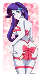 Size: 900x1600 | Tagged: suggestive, artist:riouku, derpibooru import, rarity, equestria girls, ass, bedroom eyes, blushing, breasts, busty rarity, butt, butt touch, commission, eyebrows, eyebrows visible through hair, eyeshadow, female, gift wrapped, hand on butt, image, legs, looking at you, looking back, looking back at you, makeup, nail polish, png, rear view, rearity, ribbon, sideboob, smiling, smiling at you, solo, solo female, wrapped up