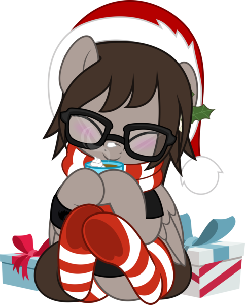 Size: 4021x5000 | Tagged: safe, artist:jhayarr23, derpibooru import, ponified, pegasus, pony, chocolate, christmas, clothes, commission, drink, eyes closed, folded wings, food, glasses, happy, hat, holiday, hoof hold, hot chocolate, image, male, mikey way, mug, my chemical romance, png, present, santa hat, scarf, simple background, sitting, socks, solo, stallion, striped socks, transparent background, underhoof, wings, wristband, ych result